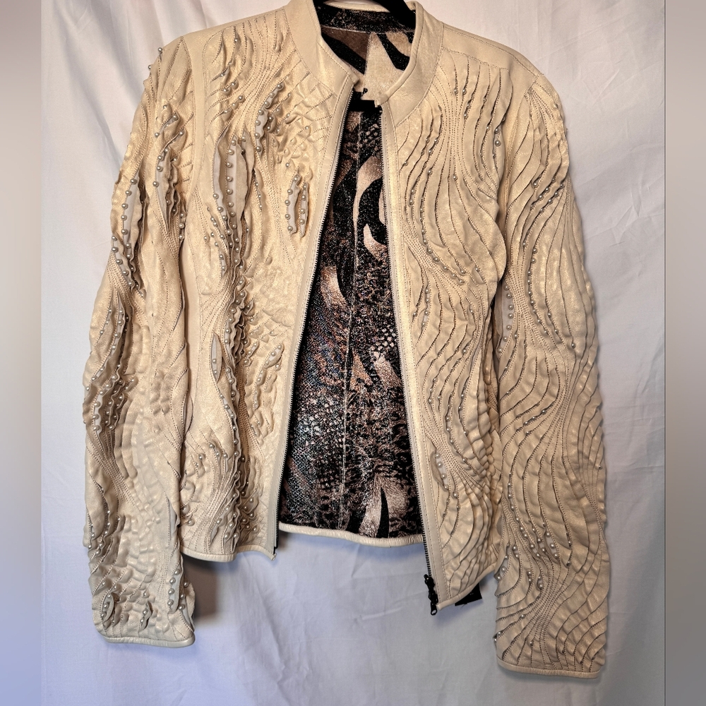 Elegant Cream Pearl Embellished Leather Jacket